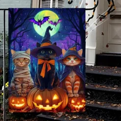 Halloween Garden Flag Banner – Three Costumed Cats under Moonlight, Double-Sided Weather-Resistant Yard Flag for 2025 Halloween Holiday Outdoor Lawn, Porch Decoration