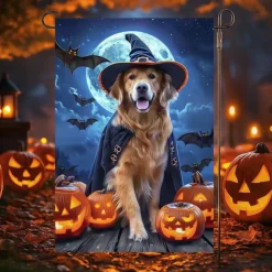 Halloween Garden Flag Banner – Three Costumed Cats under Moonlight, Double-Sided Weather-Resistant Yard Flag for 2025 Halloween Holiday Outdoor Lawn, Porch Decoration