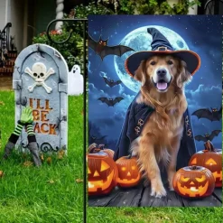 Halloween Garden Flag Banner – Three Costumed Cats under Moonlight, Double-Sided Weather-Resistant Yard Flag for 2025 Halloween Holiday Outdoor Lawn, Porch Decoration