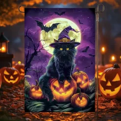 Halloween Garden Flag Banner – Three Costumed Cats under Moonlight, Double-Sided Weather-Resistant Yard Flag for 2025 Halloween Holiday Outdoor Lawn, Porch Decoration