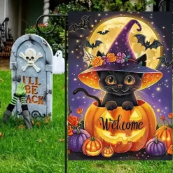 Halloween Garden Flag Banner – Black Cat in Pumpkin Cauldron 