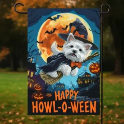 Halloween Garden Flag Banner – Black Cat in Pumpkin Cauldron 