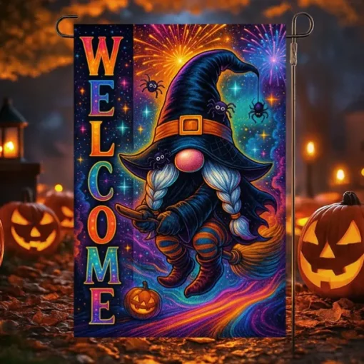 Halloween Garden Flag Banner – Neon-Style "Welcome" Witch with Spiral, Double-Sided Weather-Resistant Yard Flag for 2025 Halloween Holiday Outdoor Lawn, Porch Decoration