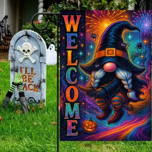 Halloween Garden Flag Banner – Neon-Style "Welcome" Witch with Spiral, Double-Sided Weather-Resistant Yard Flag for 2025 Halloween Holiday Outdoor Lawn, Porch Decoration