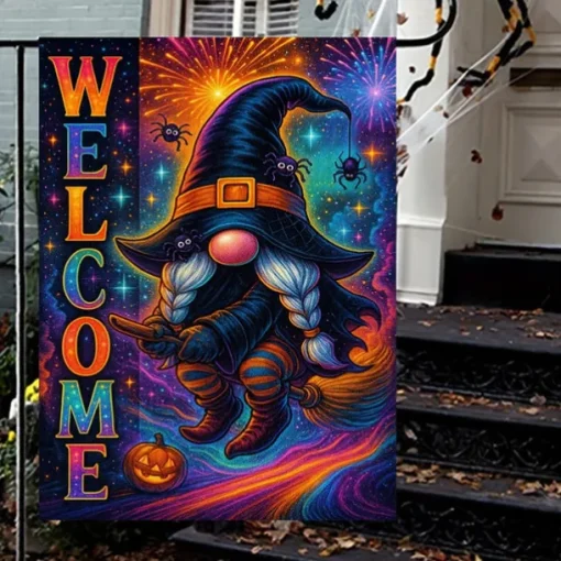 Halloween Garden Flag Banner – Neon-Style "Welcome" Witch with Spiral, Double-Sided Weather-Resistant Yard Flag for 2025 Halloween Holiday Outdoor Lawn, Porch Decoration