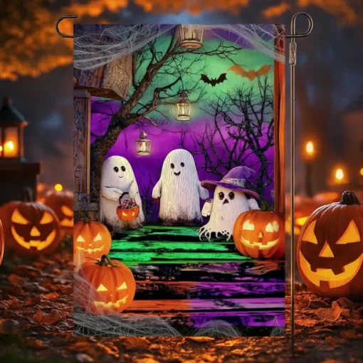 Halloween Garden Flag Banner – Neon-Style "Welcome" Witch with Spiral, Double-Sided Weather-Resistant Yard Flag for 2025 Halloween Holiday Outdoor Lawn, Porch Decoration