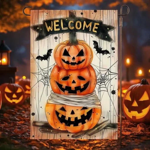 Halloween Garden Flag Banner – Skeletal Sitting with Pumpkins Summerween Scene, Double-Sided Weather-Resistant Yard Flag for 2025 Halloween Holiday Outdoor Lawn, Porch Decoration