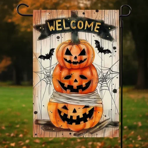 Halloween Garden Flag Banner – Skeletal Sitting with Pumpkins Summerween Scene, Double-Sided Weather-Resistant Yard Flag for 2025 Halloween Holiday Outdoor Lawn, Porch Decoration