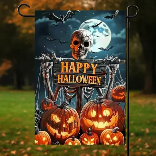 Halloween Garden Flag Banner – "Happy Halloween" with Pumpkins and Skulls, Double-Sided Weather-Resistant Yard Flag for 2025 Halloween Holiday Outdoor Lawn, Porch Decoration