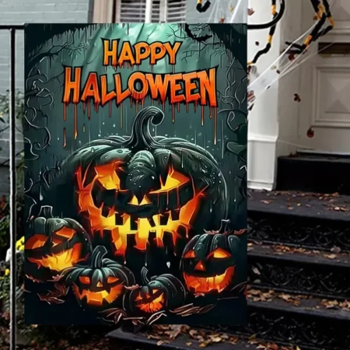 Halloween Garden Flag Banner – "Happy Halloween" with Pumpkins and Skulls, Double-Sided Weather-Resistant Yard Flag for 2025 Halloween Holiday Outdoor Lawn, Porch Decoration