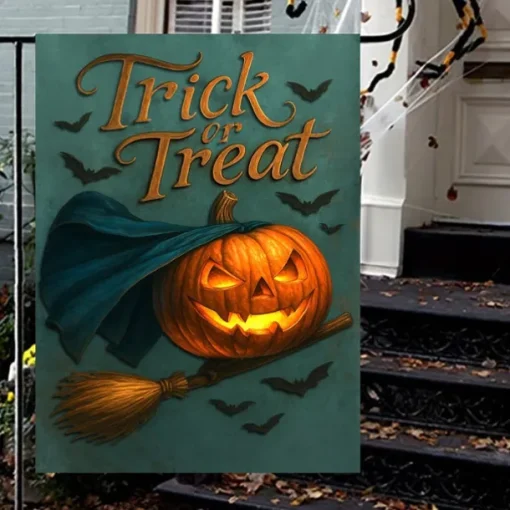 Halloween Garden Flag Banner – "Trick or Treat" Pumpkin with Witch's Broom, Double-Sided Weather-Resistant Yard Flag for 2025 Halloween Holiday Outdoor Lawn, Porch Decoration