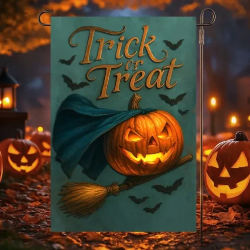 Halloween Garden Flag Banner – "Trick or Treat" Pumpkin with Witch's Broom, Double-Sided Weather-Resistant Yard Flag for 2025 Halloween Holiday Outdoor Lawn, Porch Decoration