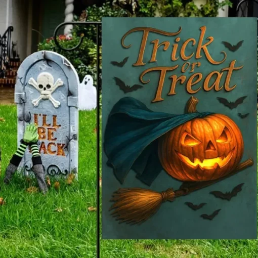 Halloween Garden Flag Banner – "Trick or Treat" Pumpkin with Witch's Broom, Double-Sided Weather-Resistant Yard Flag for 2025 Halloween Holiday Outdoor Lawn, Porch Decoration