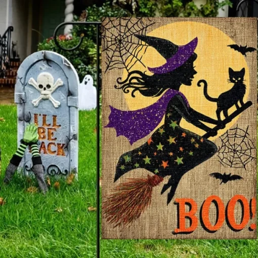Halloween Garden Flag Banner – "Trick or Treat" Pumpkin with Witch's Broom, Double-Sided Weather-Resistant Yard Flag for 2025 Halloween Holiday Outdoor Lawn, Porch Decoration
