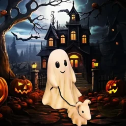 Halloween Ghost Walking Dog Statue - Spooky Figurine for Home Tabletop Decorations