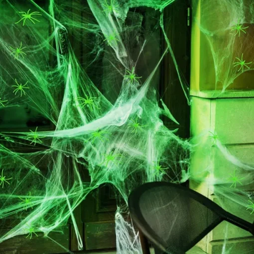 Halloween Glow in The Dark Spider Web Fake Cobwebs Stretch Green Spider Webs for Halloween Outdoor Indoor Home Decorations Creepy Party Decor