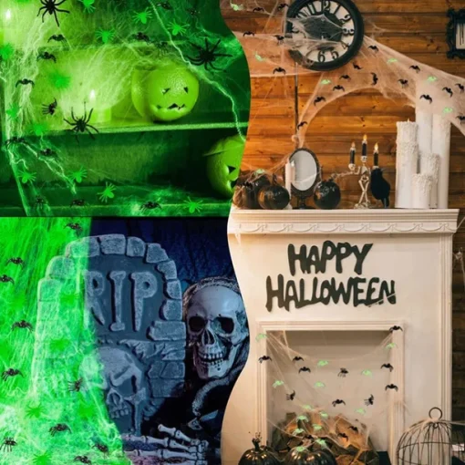 Halloween Glow in The Dark Spider Web Fake Cobwebs Stretch Green Spider Webs for Halloween Outdoor Indoor Home Decorations Creepy Party Decor