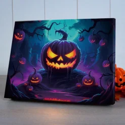Halloween Glowing Pumpkin Face LED Canvas Wall Art - Battery Operated Lighted Wall Decor for 2025 Halloween home decoration light livingroom and bedroom
