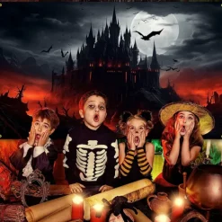 Halloween Gothic Castle Wall Tapestry – Spooky Night Scene with Pumpkins and Bats, Horror Haunted Castle Backdrop for 2025 HALLOWEEN Living Room, Bedroom, Party Decoration
