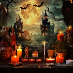 Halloween Gothic Castle Wall Tapestry – Spooky Night Scene with Pumpkins and Bats, Horror Haunted Castle Backdrop for 2025 HALLOWEEN Living Room, Bedroom, Party Decoration