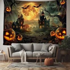 Halloween Gothic Castle Wall Tapestry – Spooky Night Scene with Pumpkins and Bats, Horror Haunted Castle Backdrop for 2025 HALLOWEEN Living Room, Bedroom, Party Decoration