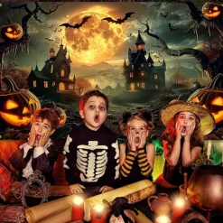 Halloween Gothic Castle Wall Tapestry – Spooky Night Scene with Pumpkins and Bats, Horror Haunted Castle Backdrop for 2025 HALLOWEEN Living Room, Bedroom, Party Decoration