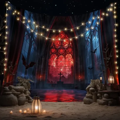Halloween Gothic Cathedral Wall Tapestry – Red Stained Glass Window Scene with Dark Ambiance, Horror Backdrop for 2025 Halloween Living Room, Bedroom, Haunted House Decoration