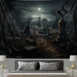 Halloween Graveyard Hanging Tapestry Wall Art Large Tapestry Mural Decor Photograph Backdrop Blanket Curtain Home Bedroom Living Room Decoration