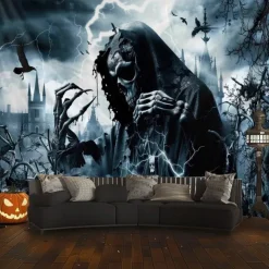 Halloween Grim Reaper Gothic Wall Tapestry – Dark Haunted Castle Lightning Storm Skull Wall Art Backdrop Large Hanging Mural Blanket Curtain for Bedroom Living Room Home Decoration