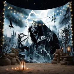 Halloween Grim Reaper Gothic Wall Tapestry – Dark Haunted Castle Lightning Storm Skull Wall Art Backdrop Large Hanging Mural Blanket Curtain for Bedroom Living Room Home Decoration