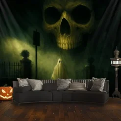 Halloween Grim Reaper Tapestry – Scary Skeleton with Jack-O'-Lantern, Spooky Graveyard Full Moon Wall Art Backdrop, Large Hanging Mural Blanket for 2025 Halloween decoration