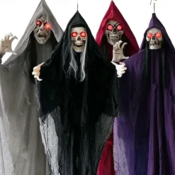 Halloween Hanging Ghost Skeleton Decorations Outdoor Hanging Grim Reapers Skeleton Led Light up Red Eyes Bendable Arms Scary Haunted House Prop
