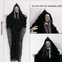 Halloween Hanging Ghost Skeleton Decorations Outdoor Hanging Grim Reapers Skeleton Led Light up Red Eyes Bendable Arms Scary Haunted House Prop