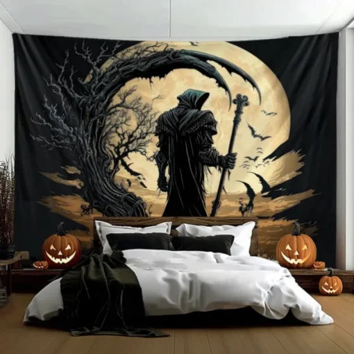 Halloween Hanging Tapestry Death under the Moon Photograph Backdrop Jack O Lantern Wall Art Large Tapestry Mural Decor Blanket Curtain Home Bedroom Living Room Decoration Death Selfie
