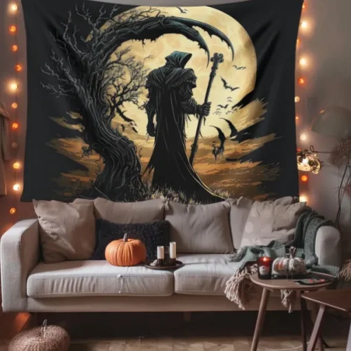 Halloween Hanging Tapestry Death under the Moon Photograph Backdrop Jack O Lantern Wall Art Large Tapestry Mural Decor Blanket Curtain Home Bedroom Living Room Decoration Death Selfie