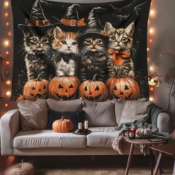 Halloween Hanging Tapestry Witch Cat Photograph Backdrop Jack O Lantern Wall Art Large Tapestry Mural Decor Blanket Curtain Home Bedroom Living Room Decoration Death Selfie