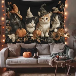 Halloween Hanging Tapestry Witch Cat Photograph Backdrop Jack O Lantern Wall Art Large Tapestry Mural Decor Blanket Curtain Home Bedroom Living Room Decoration Death Selfie