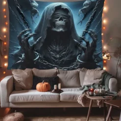 Halloween Hanging Tapestry Death God Photograph Backdrop Jack O Lantern Wall Art Large Tapestry Mural Decor Blanket Curtain Home Bedroom Living Room Decoration Death Selfie