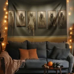 Halloween Hanging Tapestry Ghosts run out of the painting Photograph Backdrop Jack O Lantern Wall Art Large Tapestry Mural Decor Blanket Curtain Home Bedroom Living Room Decoration Death Selfie