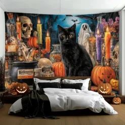 Halloween Hanging Tapestry Black Cat Photograph Backdrop Jack O Lantern Wall Art Large Tapestry Mural Decor Blanket Curtain Home Bedroom Living Room Decoration Death Selfie