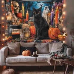 Halloween Hanging Tapestry Black Cat Photograph Backdrop Jack O Lantern Wall Art Large Tapestry Mural Decor Blanket Curtain Home Bedroom Living Room Decoration Death Selfie