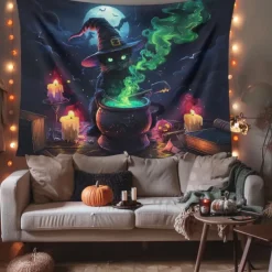 Halloween Hanging Tapestry Black Cat Photograph Backdrop Jack O Lantern Wall Art Large Tapestry Mural Decor Blanket Curtain Home Bedroom Living Room Decoration Death Selfie