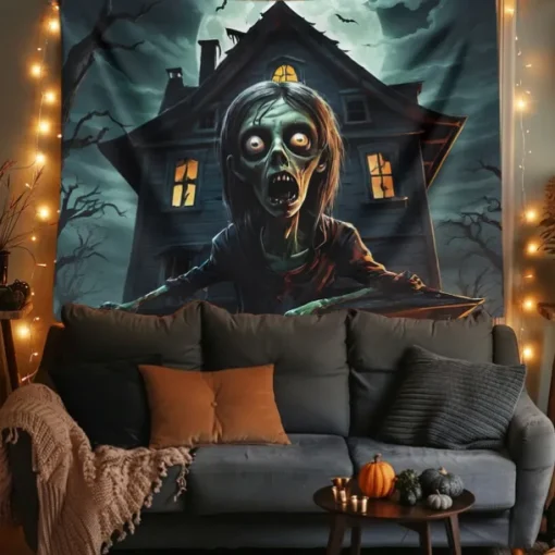 Halloween Hanging Tapestry Zombie Photograph Backdrop Jack O Lantern Wall Art Large Tapestry Mural Decor Blanket Curtain Home Bedroom Living Room Decoration Death Selfie