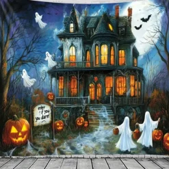 Halloween Haunted Castle Tapestry – Spooky Pumpkin Ghost Bat Graveyard Wall Art Backdrop, Gothic Horror Large Hanging Mural Blanket Curtain for Bedroom Living Room Home Decoration