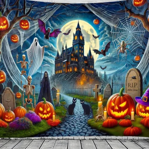 Halloween Haunted Castle Tapestry – Spooky Pumpkin Ghost Bat Graveyard Wall Art Backdrop, Gothic Horror Large Hanging Mural Blanket Curtain for Bedroom Living Room Home Decoration