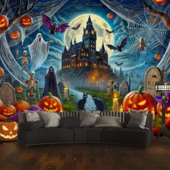 Halloween Haunted Castle Tapestry – Spooky Pumpkin Ghost Bat Graveyard Wall Art Backdrop, Gothic Horror Large Hanging Mural Blanket Curtain for Bedroom Living Room Home Decoration
