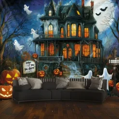 Halloween Haunted Castle Tapestry – Spooky Pumpkin Ghost Bat Graveyard Wall Art Backdrop, Gothic Horror Large Hanging Mural Blanket Curtain for Bedroom Living Room Home Decoration