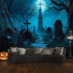 Halloween Haunted Graveyard Wall Tapestry – Full Moon with Flying Bats, Spooky Trees, Gothic Backdrop for 2025 Halloween Bedroom, Living Room, Horror Party Decoration