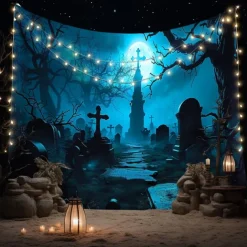 Halloween Haunted Graveyard Wall Tapestry – Full Moon with Flying Bats, Spooky Trees, Gothic Backdrop for 2025 Halloween Bedroom, Living Room, Horror Party Decoration