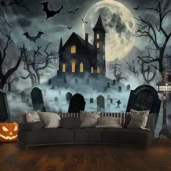 Halloween Haunted Graveyard Wall Tapestry – Full Moon with Flying Bats, Spooky Trees, Gothic Backdrop for 2025 Halloween Bedroom, Living Room, Horror Party Decoration